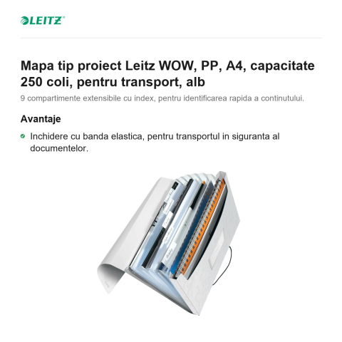 Mapa tip proiect Leitz WOW, PP, A4, capacitate 250 coli, pentru transport, alb [1]
