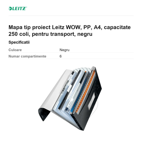 Mapa tip proiect Leitz WOW, PP, A4, capacitate 250 coli, pentru transport, negru [2]