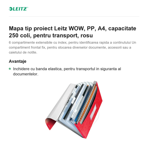 Mapa tip proiect Leitz WOW, PP, A4, capacitate 250 coli, pentru transport, rosu [1]