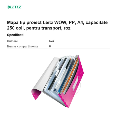 Mapa tip proiect Leitz WOW, PP, A4, capacitate 250 coli, pentru transport, roz [2]