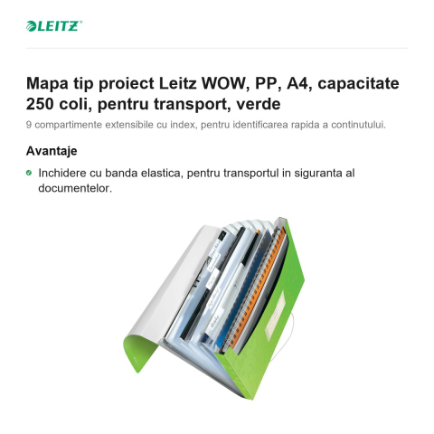 Mapa tip proiect Leitz WOW, PP, A4, capacitate 250 coli, pentru transport, verde [1]