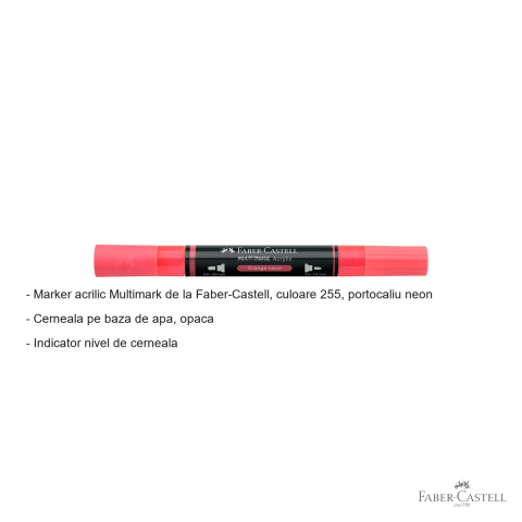 Marker acrilic Faber-Castell Multimark, culoare portocaliu neon 255, varf dublu, pentru suprafete multiple [1]
