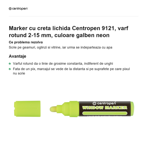 Marker cu creta lichida Centropen 9121, varf rotund 2-15 mm, culoare galben neon [1]