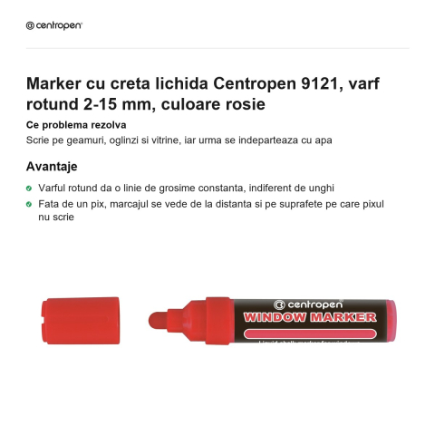 Marker cu creta lichida Centropen 9121, varf rotund 2-15 mm, culoare rosie [1]