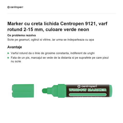 Marker cu creta lichida Centropen 9121, varf rotund 2-15 mm, culoare verde neon [1]