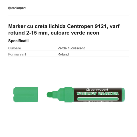 Marker cu creta lichida Centropen 9121, varf rotund 2-15 mm, culoare verde neon [2]