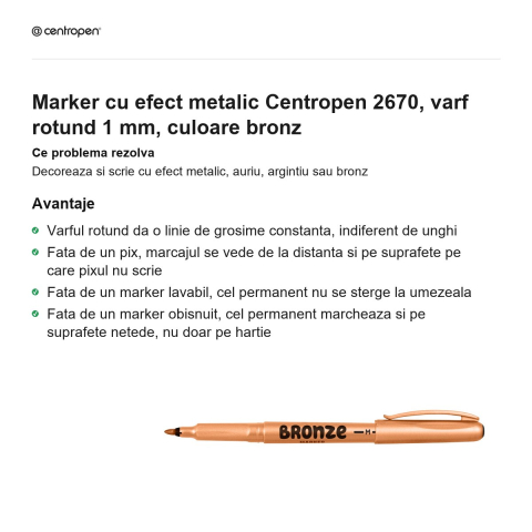 Marker cu efect metalic Centropen 2670, varf rotund 1 mm, culoare bronz [1]