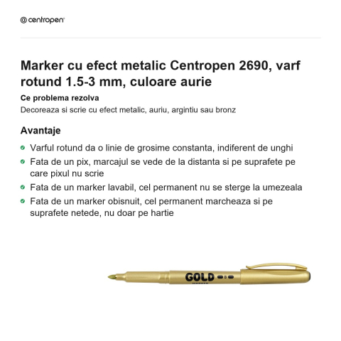 Marker cu efect metalic Centropen 2690, varf rotund 1.5-3 mm, culoare aurie [1]