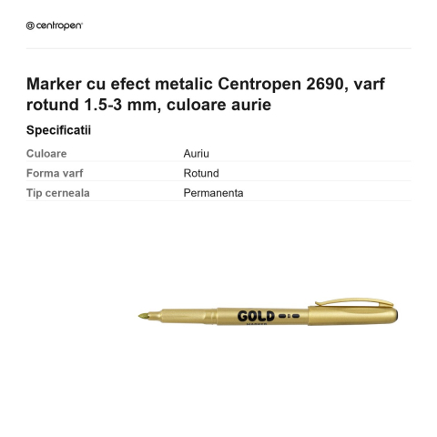 Marker cu efect metalic Centropen 2690, varf rotund 1.5-3 mm, culoare aurie [2]