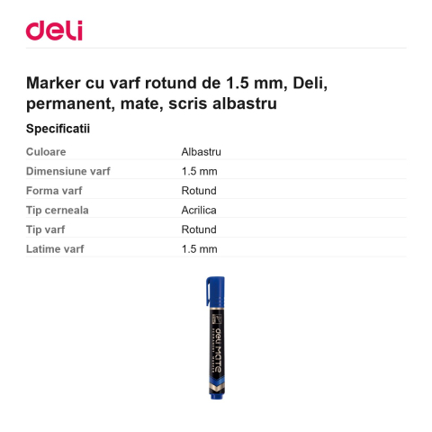 Marker cu varf rotund de 1.5 mm, Deli, permanent, mate, scris albastru [2]