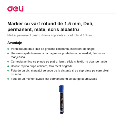 Marker cu varf rotund de 1.5 mm, Deli, permanent, mate, scris albastru [1]