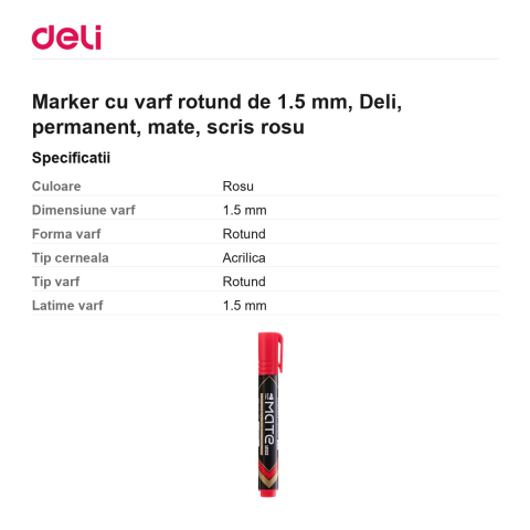 Marker cu varf rotund de 1.5 mm, Deli, permanent, mate, scris rosu [2]