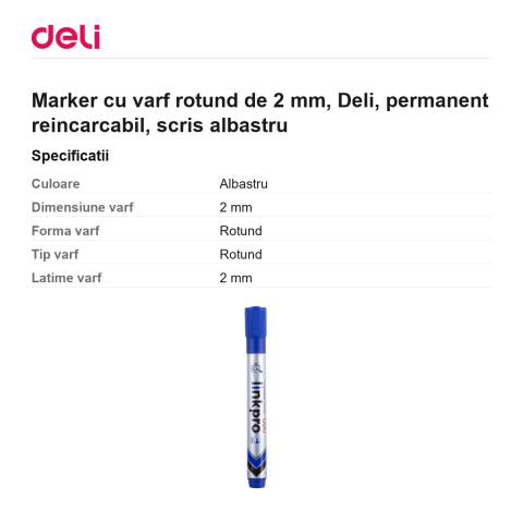 Marker cu varf rotund de 2 mm, Deli, permanent reincarcabil, scris albastru [2]
