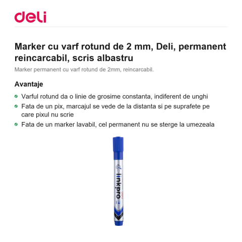 Marker cu varf rotund de 2 mm, Deli, permanent reincarcabil, scris albastru [1]