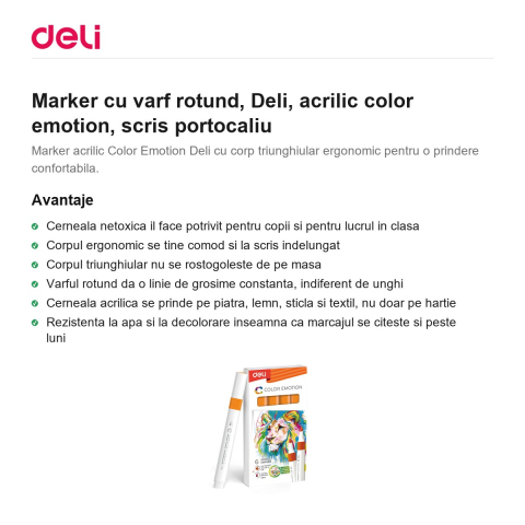 Marker cu varf rotund, Deli, acrilic color emotion, scris portocaliu [1]
