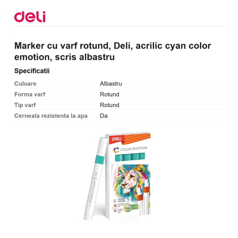 Marker cu varf rotund, Deli, acrilic cyan color emotion, scris albastru [2]