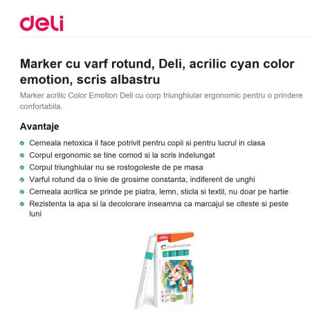 Marker cu varf rotund, Deli, acrilic cyan color emotion, scris albastru [1]