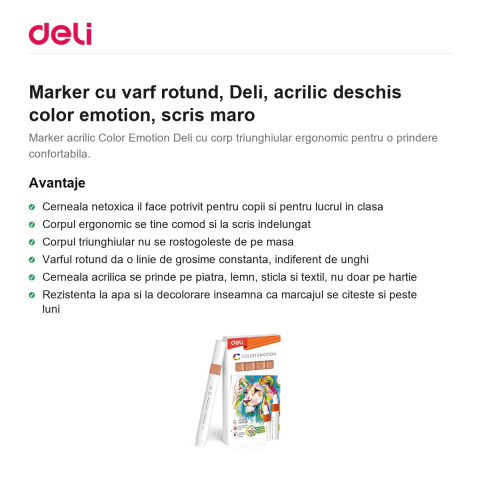 Marker cu varf rotund, Deli, acrilic deschis color emotion, scris maro [1]