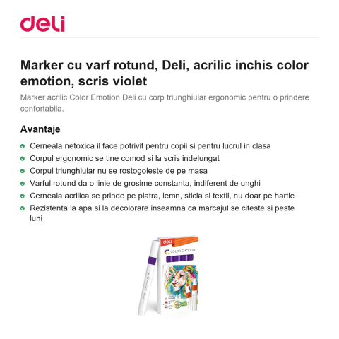 Marker cu varf rotund, Deli, acrilic inchis color emotion, scris violet [1]