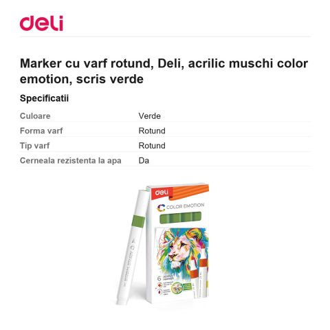 Marker cu varf rotund, Deli, acrilic muschi color emotion, scris verde [2]