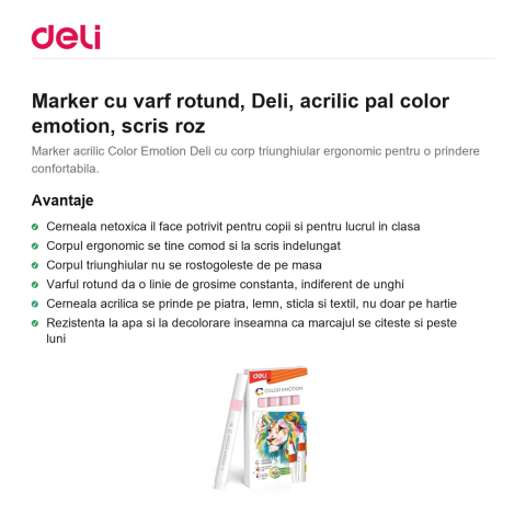 Marker cu varf rotund, Deli, acrilic pal color emotion, scris roz [1]