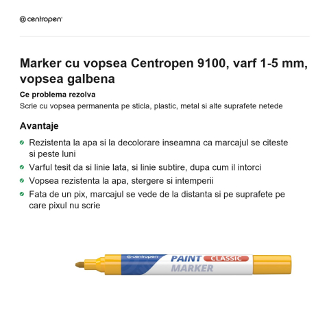 Marker cu vopsea Centropen 9100, varf 1-5 mm, vopsea galbena [1]