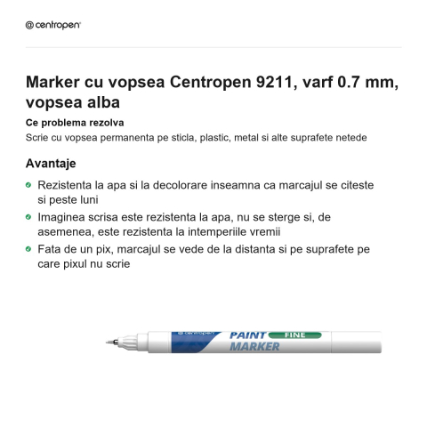 Marker cu vopsea Centropen 9211, varf 0.7 mm, vopsea alba [1]