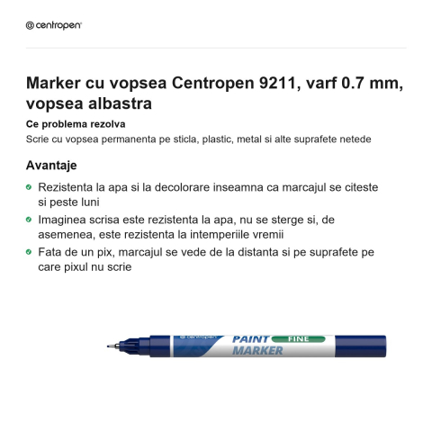 Marker cu vopsea Centropen 9211, varf 0.7 mm, vopsea albastra [1]