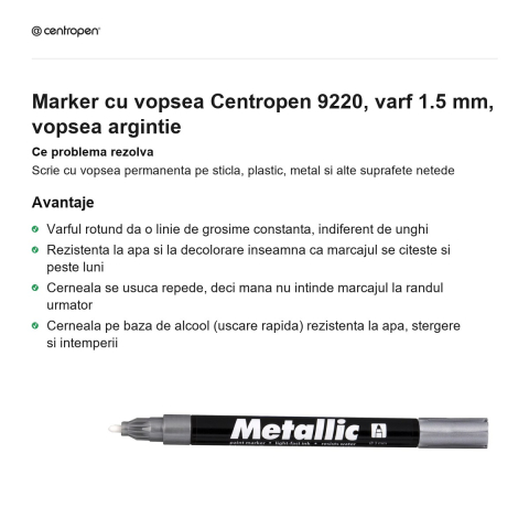 Marker cu vopsea Centropen 9220, varf 1.5 mm, vopsea argintie [1]