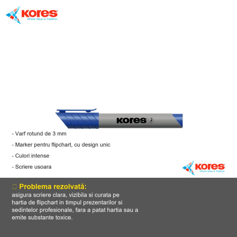 Marker flipchart Kores Eco, varf rotund 3 mm, cerneala albastra pe baza de apa, pentru prezentari si sedinte [1]