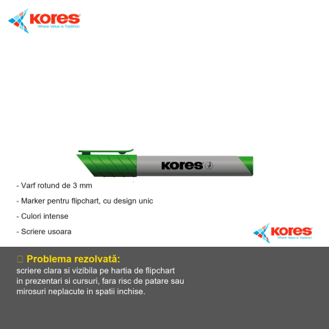 Marker flipchart Kores, varf rotund 3 mm, cerneala verde pe baza de apa, pentru prezentari si training [1]