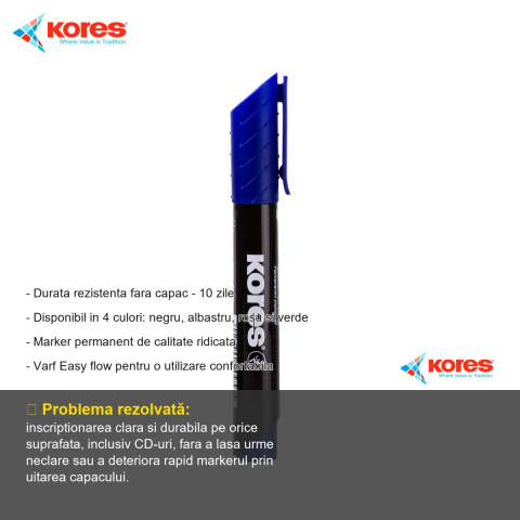 Marker permanent albastru Kores, varf rotund 3mm, scriere pe orice suprafata inclusiv CD-uri [1]