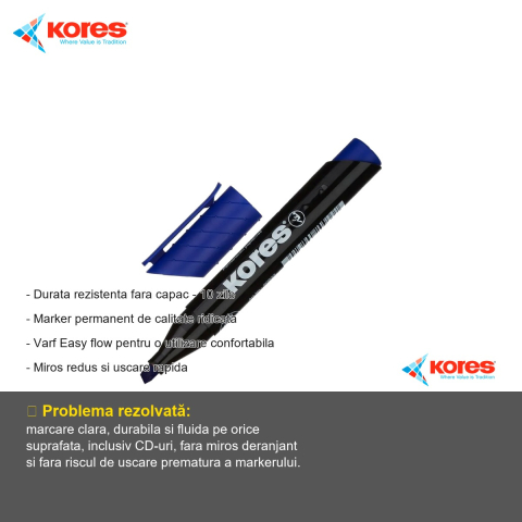 Marker permanent albastru Kores, varf tesit, uscare rapida, pentru orice suprafata [1]