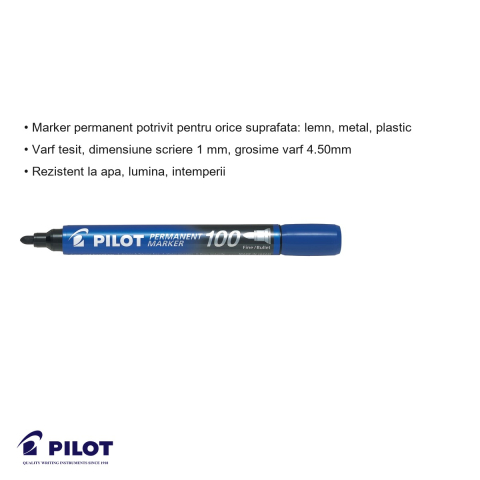 Marker permanent albastru Pilot 100, varf rotund 3mm, rezistent la apa, pentru orice suprafata [2]