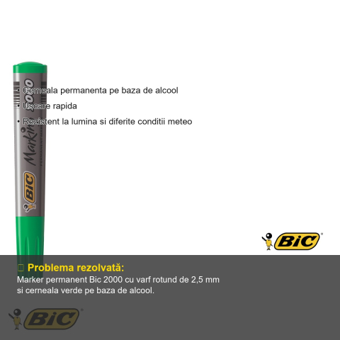 Marker permanent Bic 2000, varf rotund 2,5 mm, cerneala verde pe baza de alcool, pentru suprafete multiple [2]