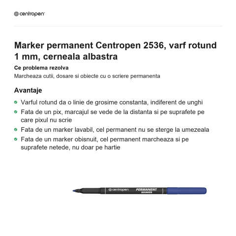 Marker permanent Centropen 2536, varf rotund 1 mm, cerneala albastra [1]