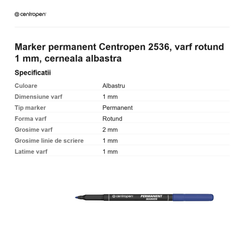 Marker permanent Centropen 2536, varf rotund 1 mm, cerneala albastra [2]