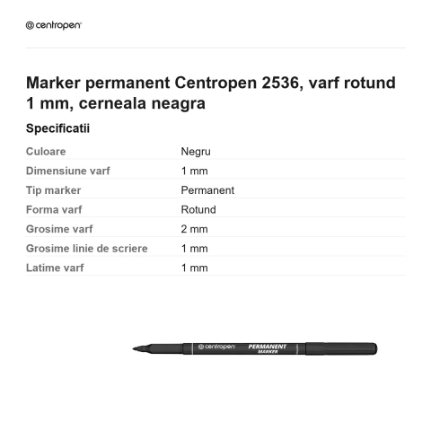 Marker permanent Centropen 2536, varf rotund 1 mm, cerneala neagra [2]