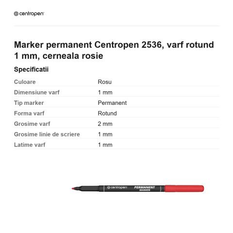 Marker permanent Centropen 2536, varf rotund 1 mm, cerneala rosie [2]