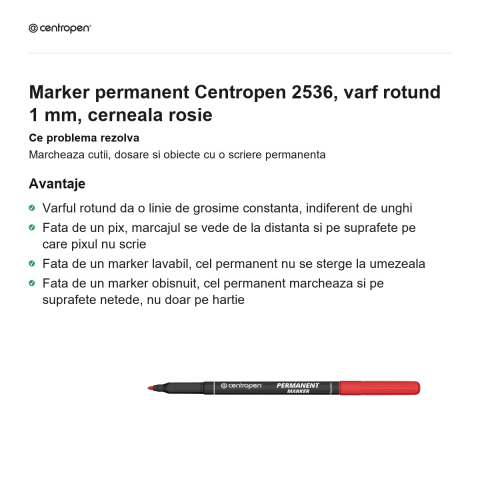 Marker permanent Centropen 2536, varf rotund 1 mm, cerneala rosie [1]