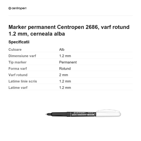 Marker permanent Centropen 2686, varf rotund 1.2 mm, cerneala alba [2]