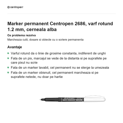 Marker permanent Centropen 2686, varf rotund 1.2 mm, cerneala alba [1]