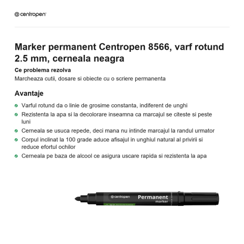 Marker permanent Centropen 8566, varf rotund 2.5 mm, cerneala neagra [1]