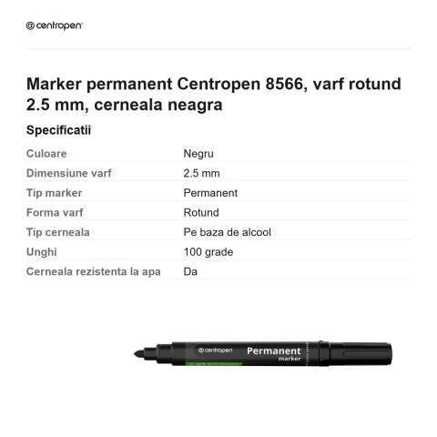 Marker permanent Centropen 8566, varf rotund 2.5 mm, cerneala neagra [2]