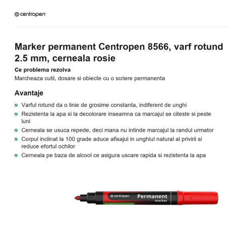Marker permanent Centropen 8566, varf rotund 2.5 mm, cerneala rosie [1]