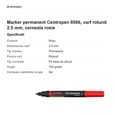 Marker permanent Centropen 8566, varf rotund 2.5 mm, cerneala rosie [2]