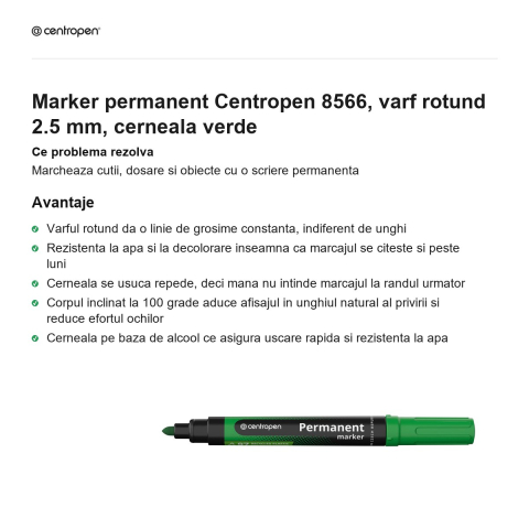 Marker permanent Centropen 8566, varf rotund 2.5 mm, cerneala verde [1]