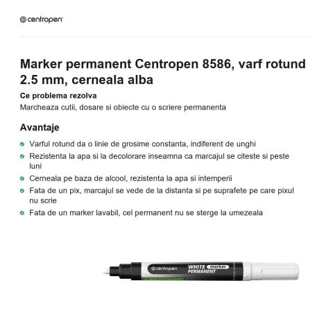 Marker permanent Centropen 8586, varf rotund 2.5 mm, cerneala alba [1]