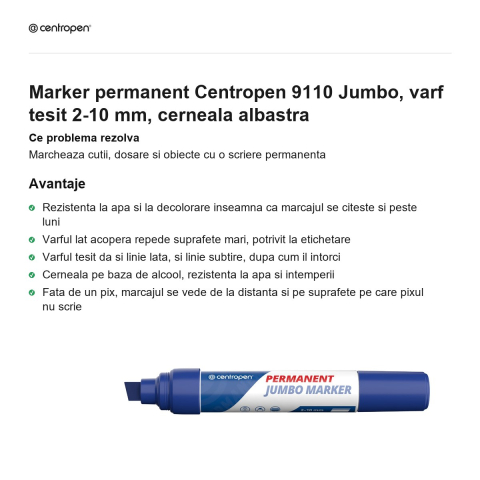 Marker permanent Centropen 9110 Jumbo, varf tesit 2-10 mm, cerneala albastra [1]