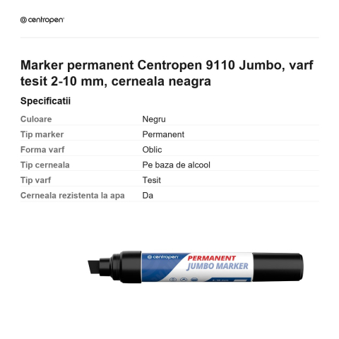 Marker permanent Centropen 9110 Jumbo, varf tesit 2-10 mm, cerneala neagra [2]